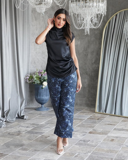 Black silk shirt with army print pants