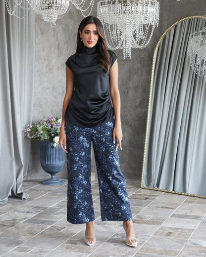 Black silk shirt with army print pants