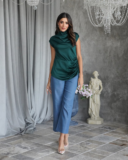 Petrol silk shirt with jeans