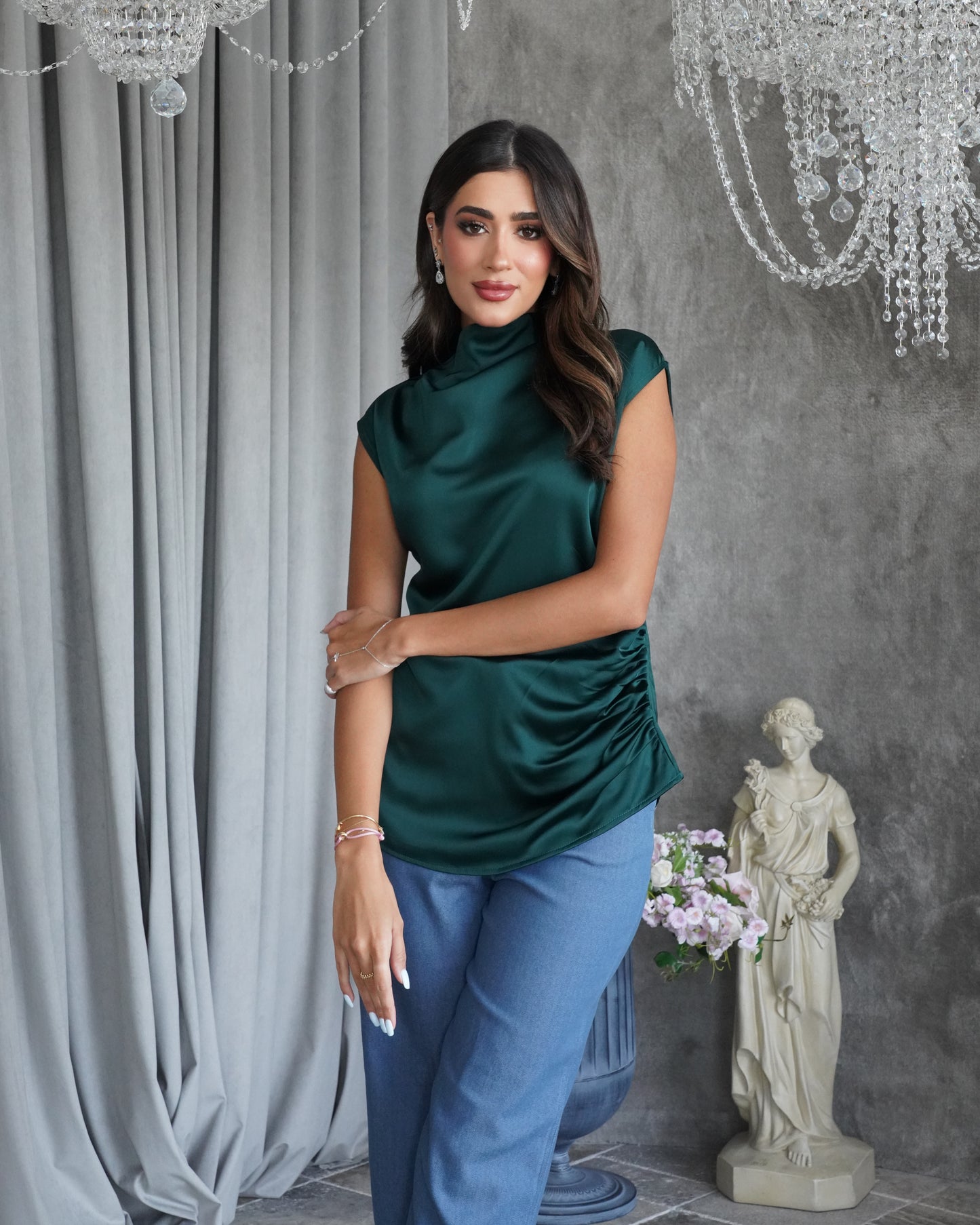 Petrol silk shirt with jeans