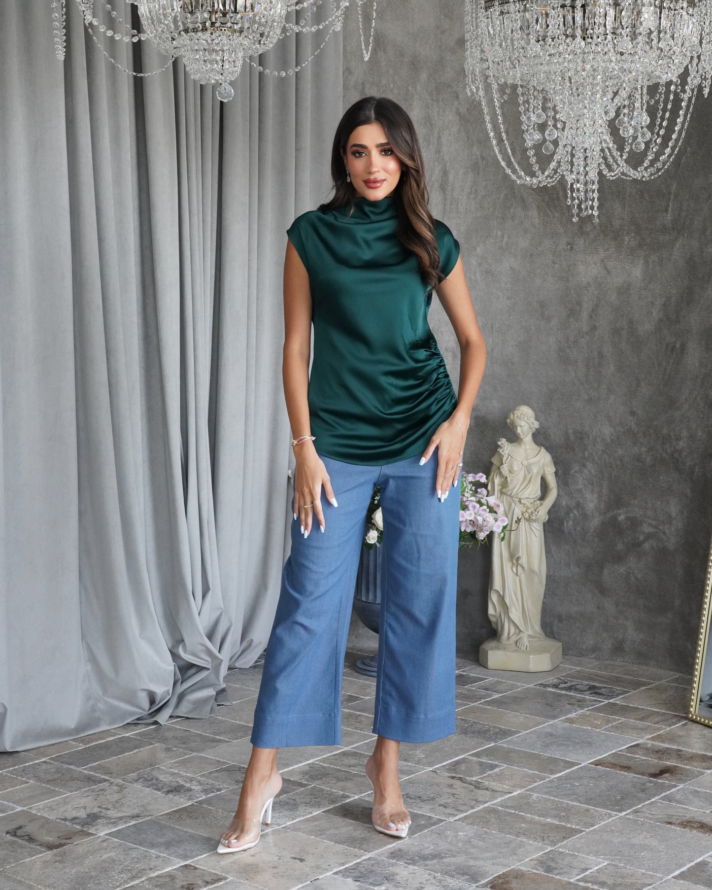 Petrol silk shirt with jeans