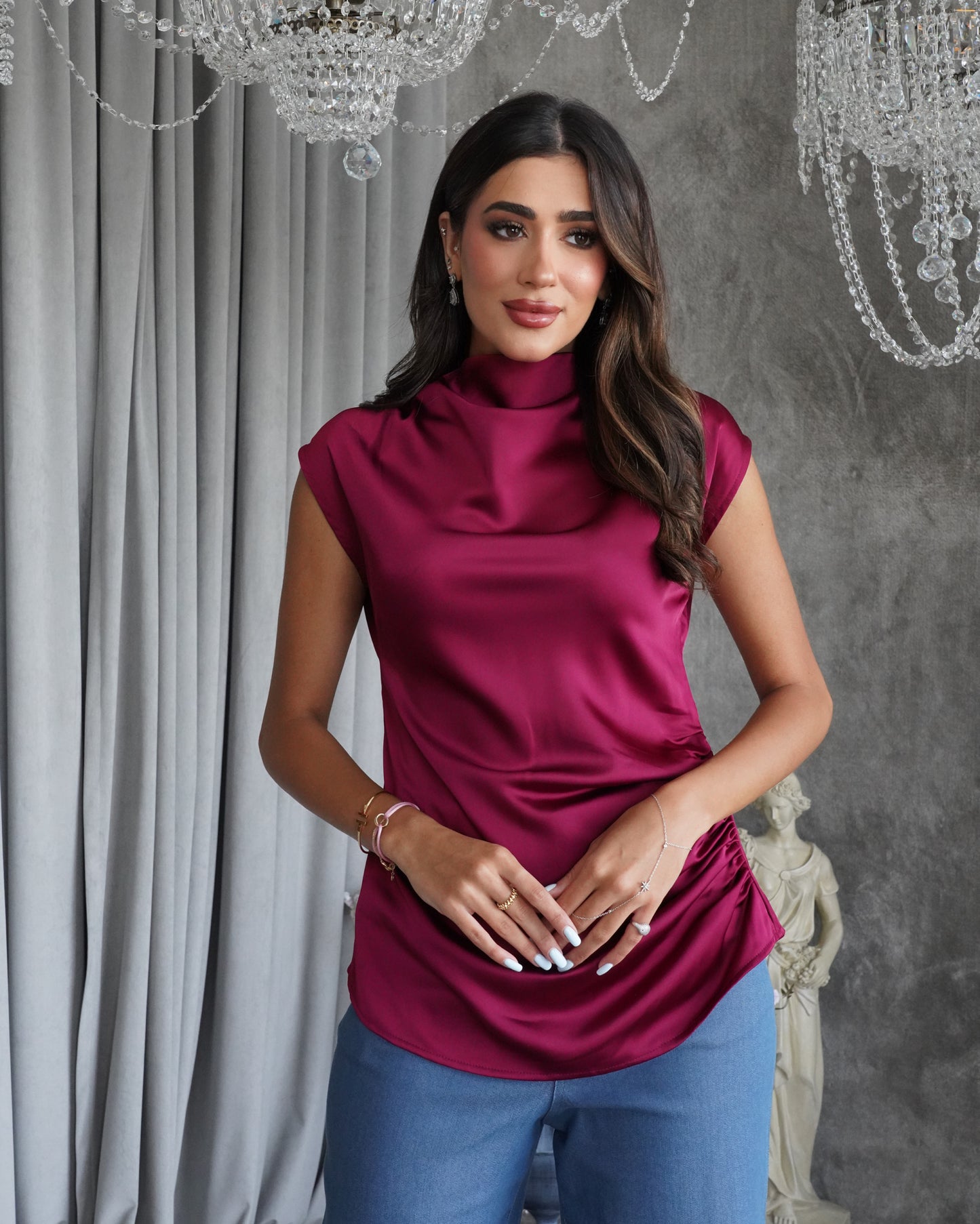 Maroon silk shirt with jeans